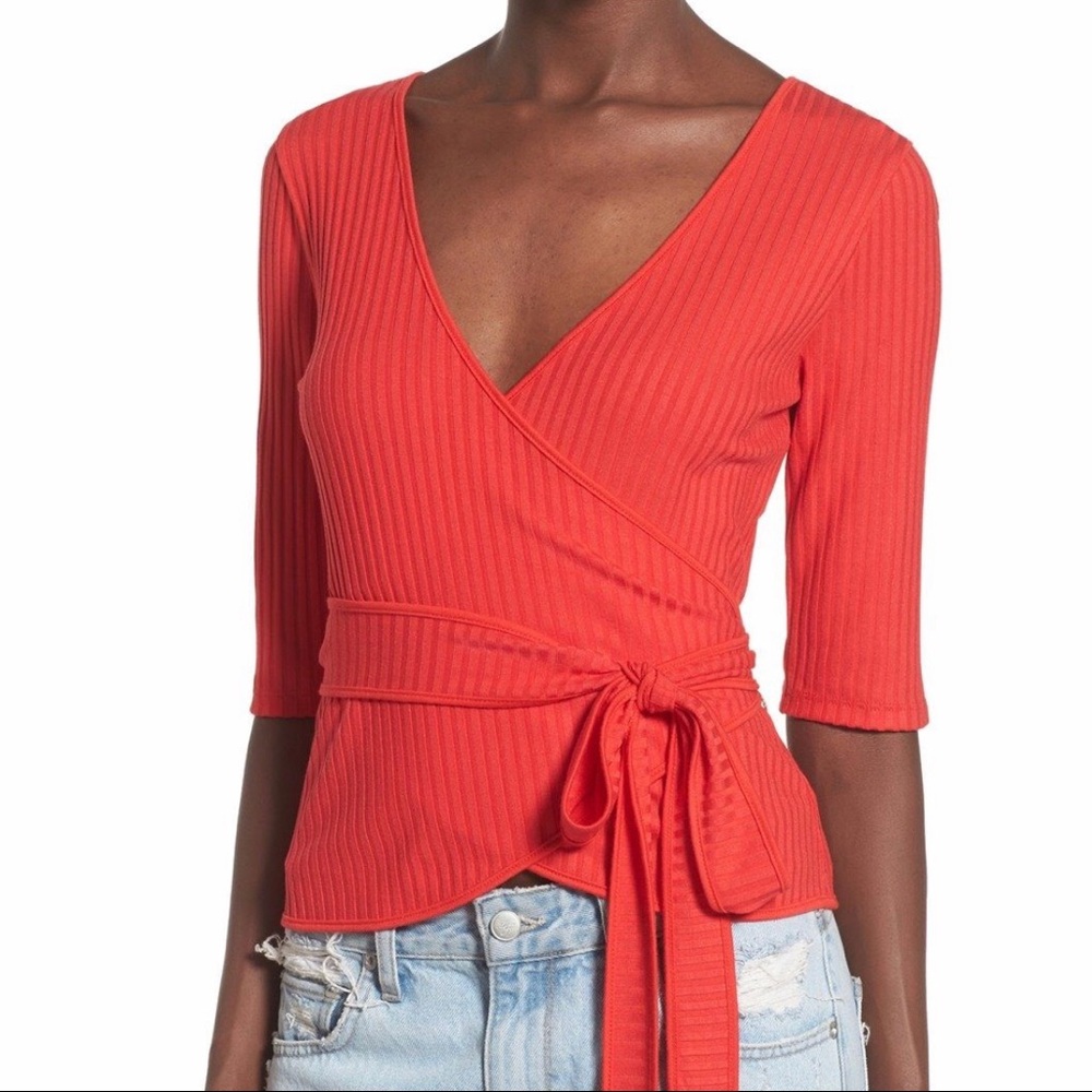 Keith Rib Knit Wrap Red Top Size XS